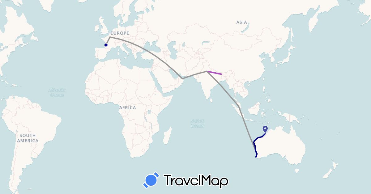TravelMap itinerary: driving, plane, train in Australia, France, India, Malaysia, Oman (Asia, Europe, Oceania)